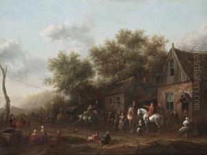 Figures Outside An Inn Playing Signed 'b Gael' (on Trough, Lower Right) by Barent Gael