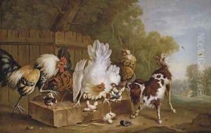 A spaniel disturbing chickens by a fence in a landscape by Pieter Casteels