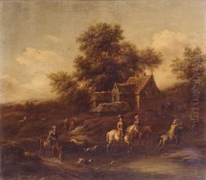A Hunting Party Fording A Stream; And Horsemen And Peasants Outside An Inn by Barent Gael