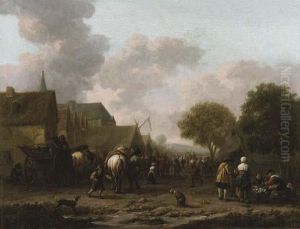 A Village Landscape With Travellers On The Street By A Vegetableseller