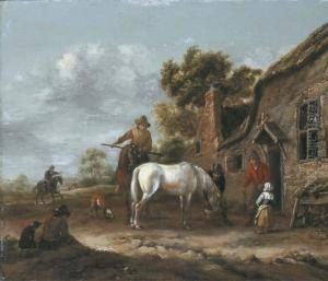 Travellers Resting And Watering Their Horses At A Tavern by Barent Gael