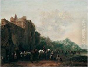 Travellers And Pack Animals 
Resting Before A Ruined Building, A Drover Watering His Cattle Beyond