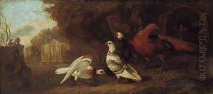 Pigeons, pheasants, and other birds in a wooded landscape, a classical facade beyond, an overdoor