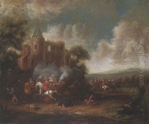 Cavalry Engagement Beneath A Ruined Castle