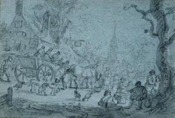 A Horse-drawn Cart With
Travellers In A Village, Peasants Drinkingby A Tree, A Church Beyond
(recto); Study Of Two Figures On A Cart(verso) - view 1