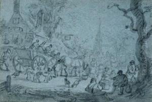 A Horse-drawn Cart With
Travellers In A Village, Peasants Drinkingby A Tree, A Church Beyond
(recto); Study Of Two Figures On A Cart(verso) by Barent Gael