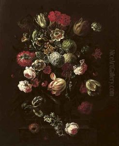 Tulips, roses, lillies and other flowers in a vase on a stone ledge by Pieter Casteels