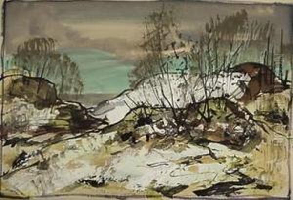 Early Spring Landscape- Gouache 
On Paper, Estate Stamped On Verso, Paper Slightly Age Toned Otherwise 
Very Good Condition. 6 X 8'' - view 1