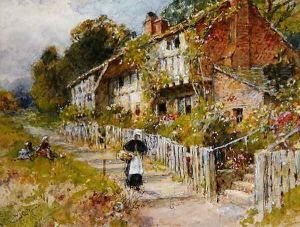 Cottages - a row of cottages with a figure and other children playing