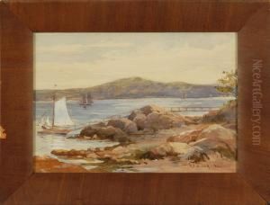 Rocky Shore Scene With Boats And Distant Mountains by Robert Ford Gagen