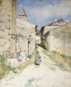 Scorcio Di Paesino Con Contadina by Gustave Gagliardini