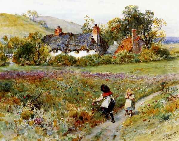 Children Playing On A Path, Cottages Beyond - view 1