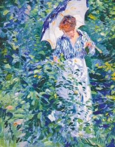Vrouw Met Parasol - Femme Tenant Une Ombrelle Dans Un Jardin Fleuri (jaren '20) - view 1