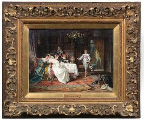 Elegante Gesellschaft Im Saloninterieur, Den Auftritt Eines Lautenspielers Erwartend - view 1