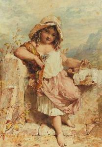 A young girl holding a basket beside a stile