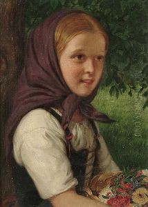 Portrait Of A Girl Holding A Basket Of Flowers by William Gale