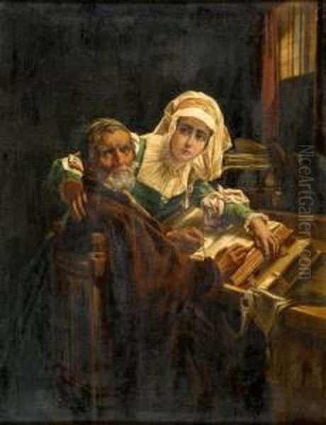 A Scholar And A Lady In A Library Interior - view 1