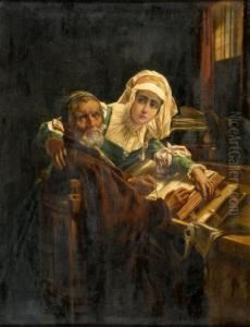 A Scholar And A Lady In A Library Interior by Louis Gallait