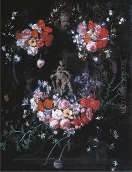 A Trompe L'oeil Relief Of The 
Pieta In A Stone Carved Tondo,surrounded By Festoons Of Flowers And 
Thistles - view 1
