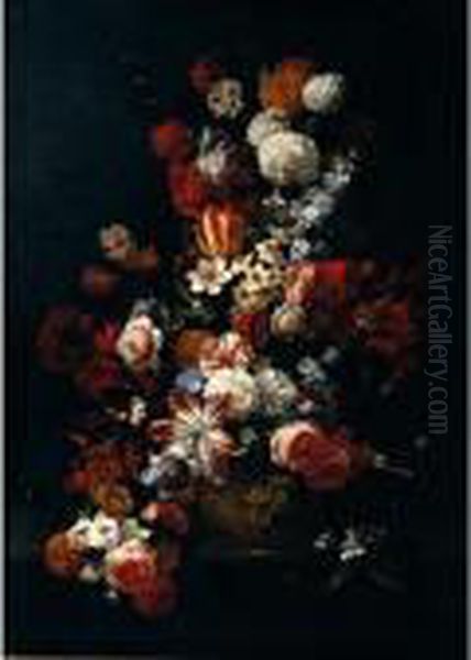Still Life Of Tulips, Roses,
Narcissi, Chrysanthemums, Carnations, Orange Blossom And Irises In A
Gilt Urn - view 1