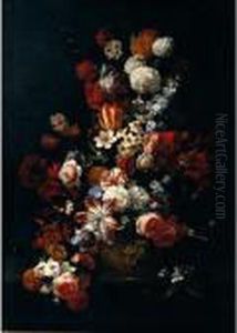Still Life Of Tulips, Roses, 
Narcissi, Chrysanthemums, Carnations, Orange Blossom And Irises In A 
Gilt Urn by Hieronymus Galle I