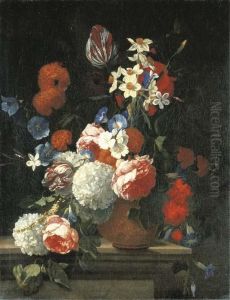 Tulips, Peonies, Morning Glory,
Narcissi And Other Flowers In A Decorated Vase On A Ledge by Hieronymus Galle I