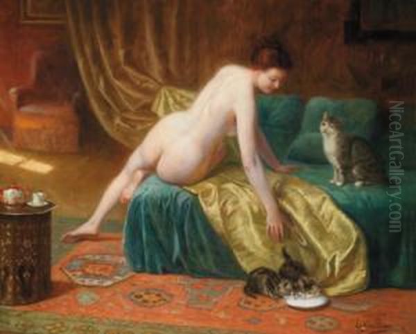 Interno Con Nudo Femminile Sdraiato Su Diuna Chaise-longue E Una Famiglia Di Gatti - view 1