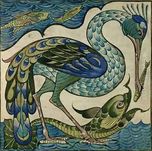 Tile design of heron and fish - view 1