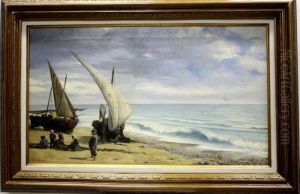 Pescadores Y Barcas En La Playa by Francisco Galofre Oller