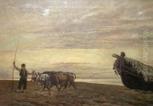 Follower Of Baldomero Galofre Y
Gimenez, Spanish -- Fisherman With Oxen And A Beached Vessel by Baldomero Galofre Y Gimenez