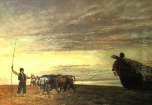 Fisherman With Oxen And A Beached Vessel