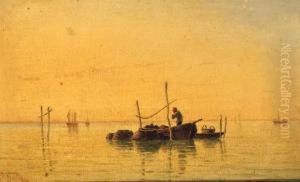 A Fisherman On A Venetian Lagoon; And A Hay Barge On A Lagoon by Pietro Galter