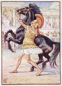 He ran towards the horse and seized the bridle
