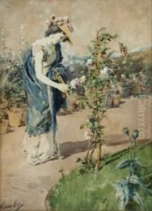 Senorita Cogiendo Rosas En El Jardin by Enrico Gamba