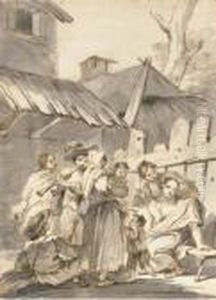 Des Paysannes Et Des Enfants Avec Un Musicien Devant Uneferme by Giuseppe Gambarini
