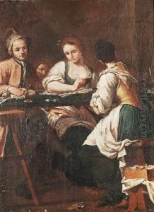 Two Women Embroidering With A Gentleman Looking On