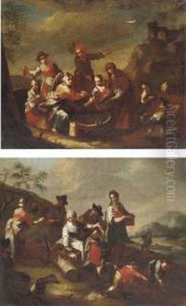 Peasants Selling Fish In A
Landscape; And Peasants Selling Wine And Chickens In A Landscape - view 1