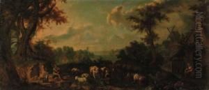 A Milkmaid With Cattle And Sheep
In An Extensive Wooded Riverlandscape; And Figures With Cattle, Sheep
And Goats Before Acottage by Giuseppe Gambarini