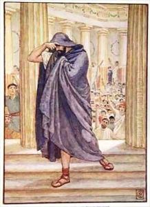 He left the assembly hiding his face in his cloak by Walter Crane