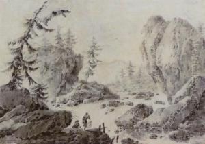 Landscape With Two Figures Washing Laundry By A River Landscape With Two Figures Washing Laundry By A River