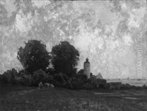 "landschaft Mit Einer Kirche Unter Baumen". Sign. Ol Auf Lwd. 60 X 80 Cm "landschaft Mit Einer Kirche Unter Baumen". Sign. Ol Auf Lwd. 60 X 80 Cm