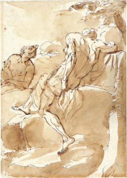 A Male Figure Seen From Behind, Seated In A Landscape, Facing Another, Female Figure - view 1