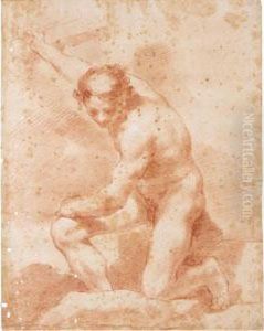 Study Of A Kneeling Male Nude Holding A Stick With His Right Hand by Ubaldo Gandolfi