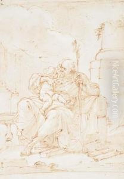 Saint Joseph Avec L'enfant Jesus Sur Ses Genoux, Dans Un Paysage - view 1