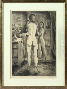 Female Nude Standing Before A Mirror by Emil Ganso
