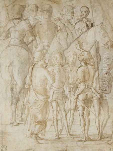 Group of Horsemen and Men Standing - view 1