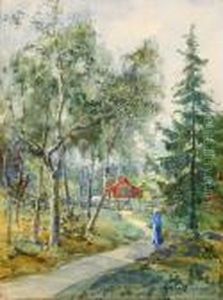 Pa Hemvag - Landskap Med Stuga I Skogsbryn by Anna Gardell-Ericson