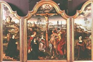 Triptych: Crucifixion flanked by kneeling Donors by Joos Van Cleve