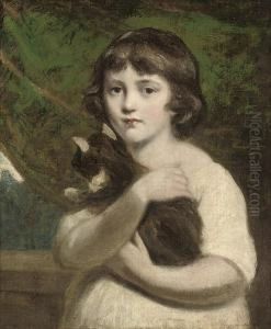 Portrait Of A Young Girl, Half-length, With A Cat, In Alandscape by Daniel Gardner