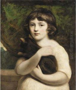 Portrait Of A Young Girl Half 
Length, Standing, Wearing A White Dress And Holding A Cat In Her Arms